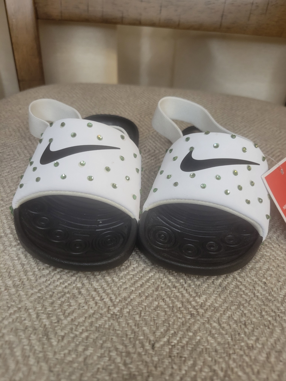 Nike Kids' White & Black Slide Sandals with Green Rhinestones
